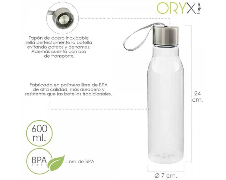 Botella Agua, Capacidad De 600 ML. Plastico Libre BPA, Con Asa, Tapon Acero Inoxidable.