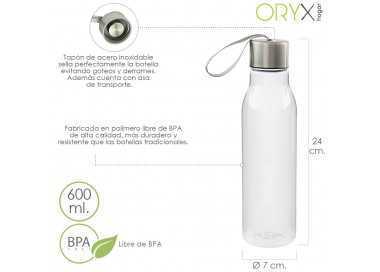 Botella Agua, Capacidad De 600 ML. Plastico Libre BPA, Con Asa, Tapon Acero Inoxidable.