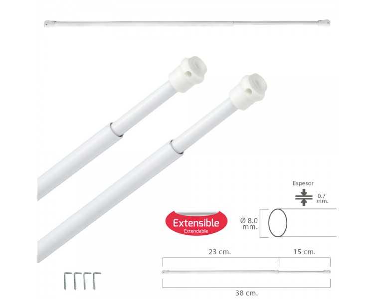 Barra Visillo Extensible 23/38 cm. con Muelle Presion, Soportes y Ventosas (2 Piezas)
