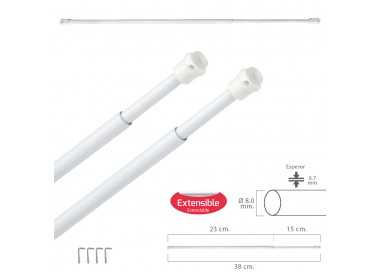 Barra Visillo Extensible 23/38 cm. con Muelle Presion, Soportes y Ventosas (2 Piezas)