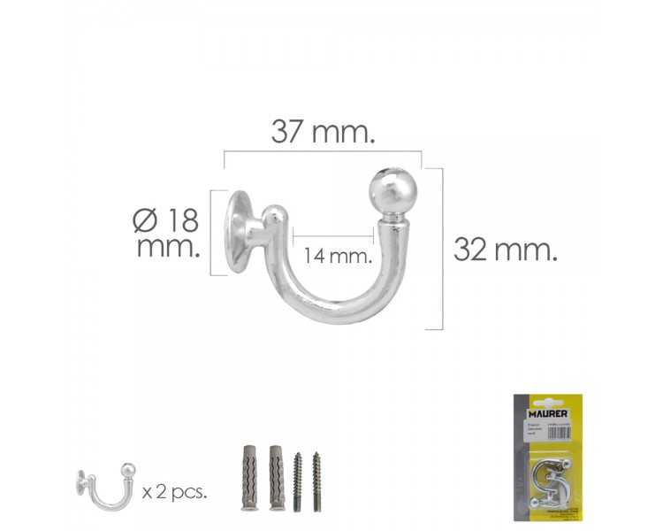 Gancho Cromado Atornillabe 37 mm. Con tacos y tornillos (Blister 2 piezas)
