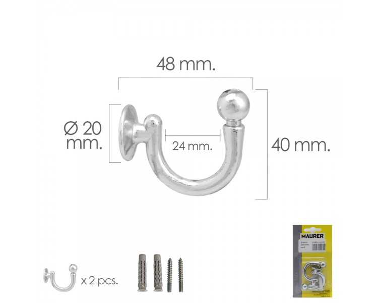 Gancho Cromado Atornillabe 48 mm. Con tacos y tornillos (Blister 2 piezas)