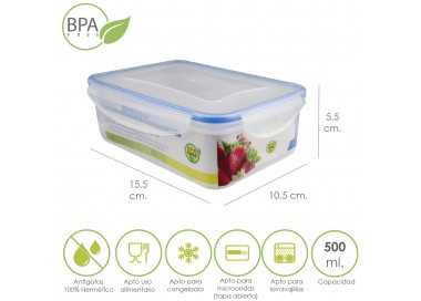 Recipiente Hermetico Plastico Rectangular 500 ml. 15.5x10.5x5.5 (Alt.) cm.