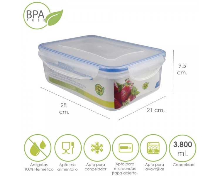 Recipiente Hermetico Plastico Rectangular 3.800 ml. 28x21x9.5 (Alt.) cm.