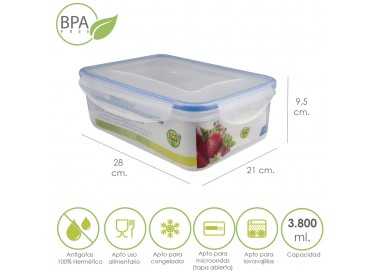 Recipiente Hermetico Plastico Rectangular 3.800 ml. 28x21x9.5 (Alt.) cm.