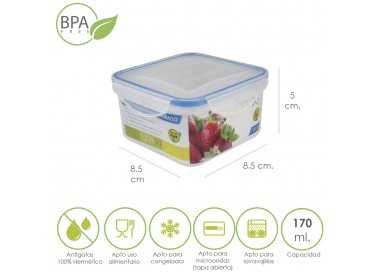 Recipiente Hermetico Plastico Cuadrado 170 ml.  8.5x8.5x5 (Alt.) cm.