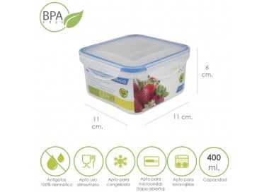 Recipiente Hermetico Plastico Cuadrado 400 ml.  11x11x6 (Alt.) cm.