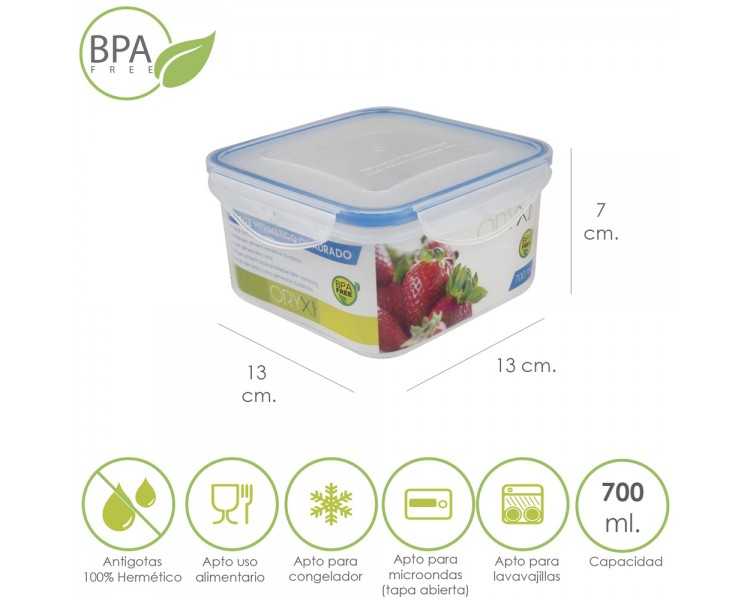 Recipiente Hermetico Plastico Cuadrado 700 ml.  13x13x7 (Alt.) cm.