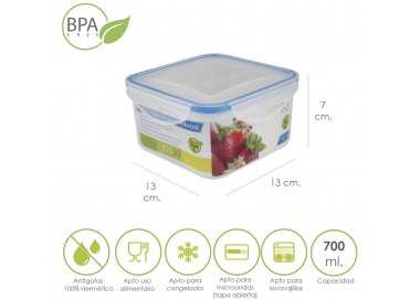 Recipiente Hermetico Plastico Cuadrado 700 ml.  13x13x7 (Alt.) cm.