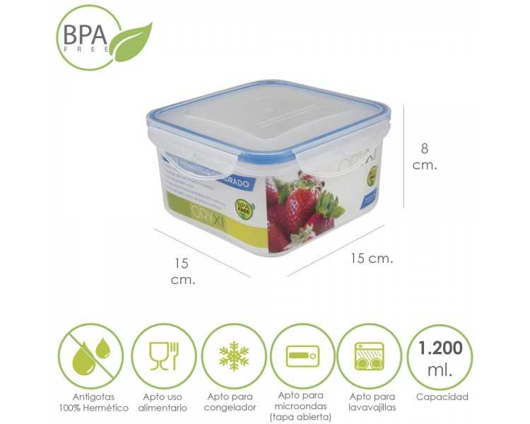 Recipiente Hermetico Plastico Cuadrado 1200 ml.  15x15x8 (Alt.) cm.