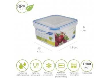 Recipiente Hermetico Plastico Cuadrado 1200 ml.  15x15x8 (Alt.) cm.