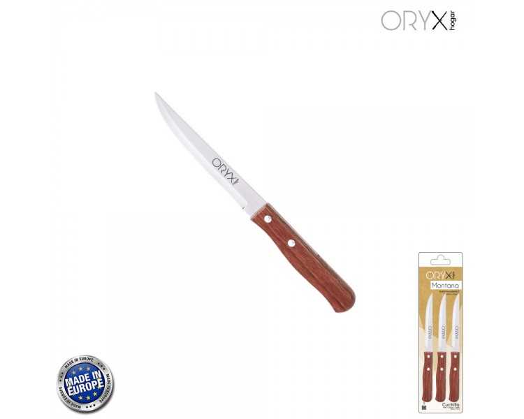 Cuchillo Montana Multiusos Hoja Lisa Acero Inoxidable 11 cm. Mango Madera (Blister 3 piezas)