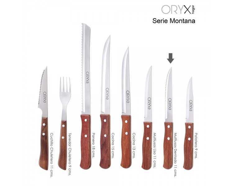 Cuchillo Montana Multiusos Hoja Lisa Acero Inoxidable 11 cm. Mango Madera (Blister 3 piezas)