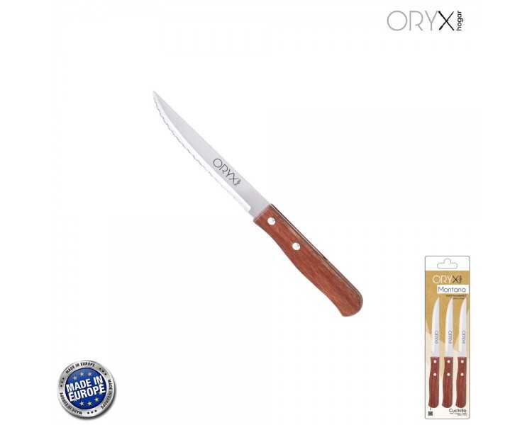 Cuchillo Montana Multiusos Hoja Sierra Acero Inoxidable 11 cm. Mango Madera (Blister 3 piezas)