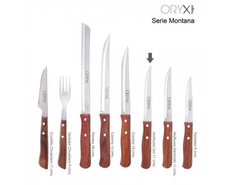 Cuchillo Montana Multiusos Hoja Sierra Acero Inoxidable 11 cm. Mango Madera (Blister 3 piezas)