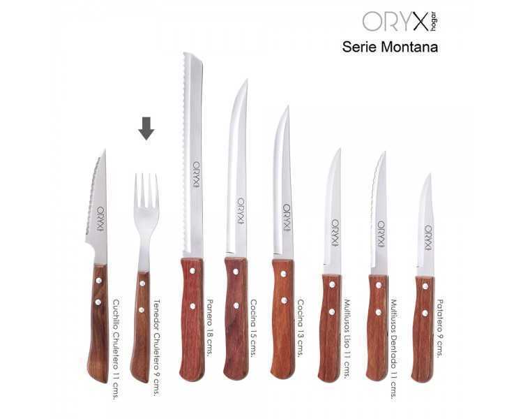 Tenedor Montana Chuletero Acero Inoxidable 9 cm. Mango Madera (Blister 3 Piezas)