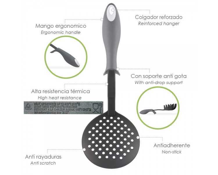 Espumadera Cocina Nylon Con Mango Antigotas Engomado 35 x 11,7 cm.