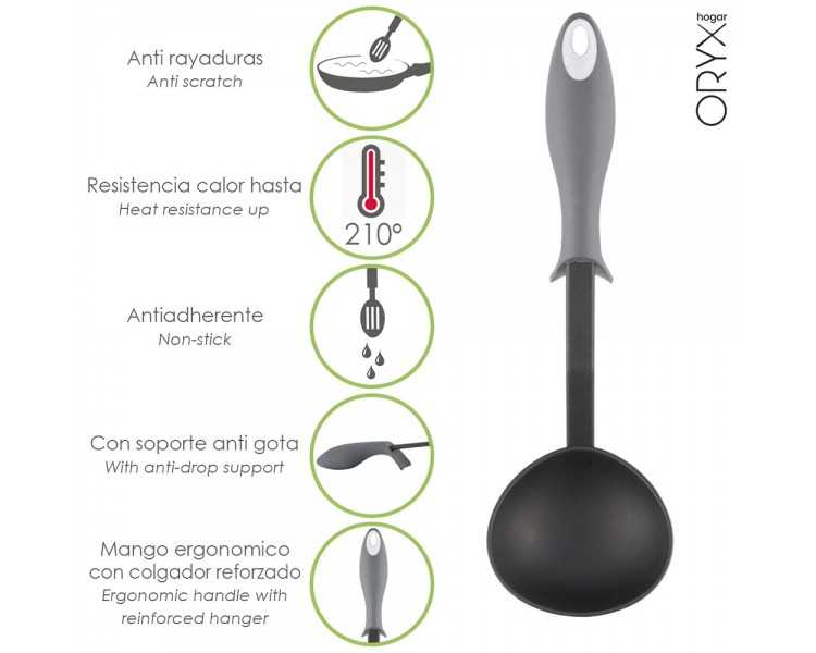 Cucharon Servir Cocina Nylon Con Mango Antigotas Engomado 32 x 9,8 cm.