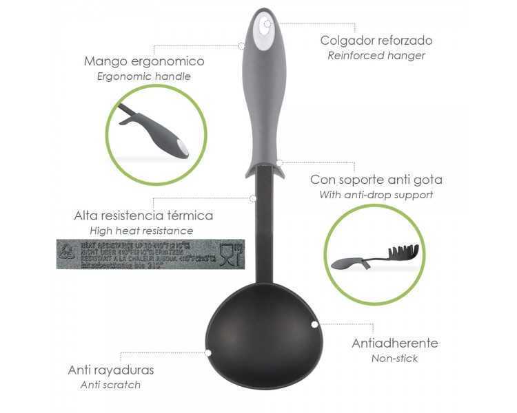 Cucharon Servir Cocina Nylon Con Mango Antigotas Engomado 32 x 9,8 cm.