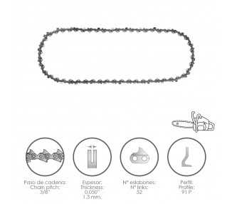 Cadena Motosierra 3/8" / 0.050" 1,3 mm. / 52 Eslabones / 91 P