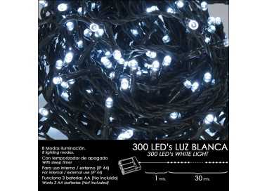 Luces Navidad A Pilas 300 Leds Luz Blanca Interior / Exterior (IP44)