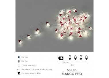 Guirnalda Luces Navidad A Pilas 50 Leds Papa Noel. Luz Fria Uso Interno IP20