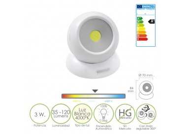 Linterna LED Armario Esfera A Pilas (3 AAA) 120 Lumenes Ajustable 300º Con Iman y Adhesivo.