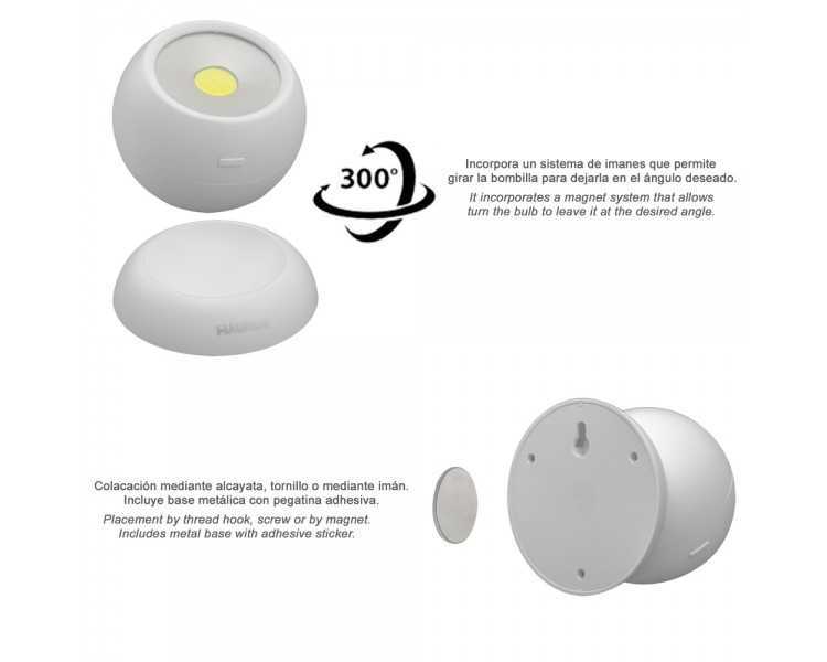 Linterna LED Armario Esfera A Pilas (3 AAA) 120 Lumenes Ajustable 300º Con Iman y Adhesivo.
