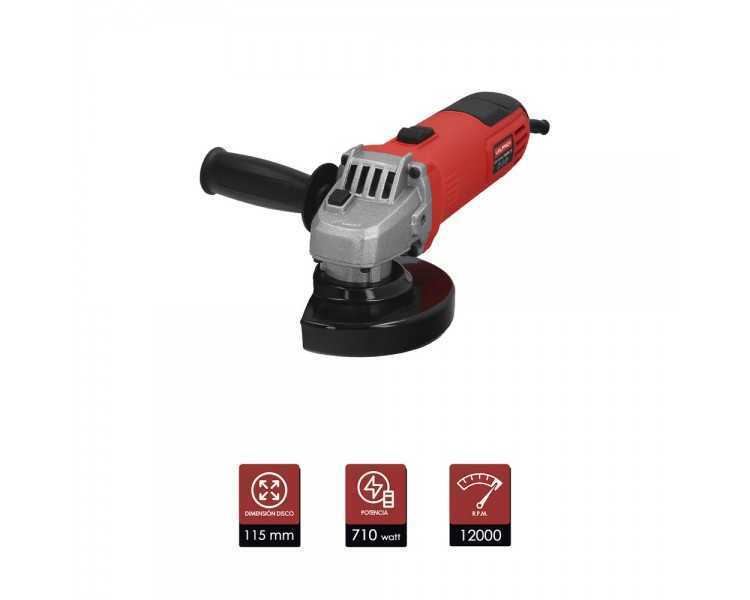 Amoladora Angular 710 Watt. Disco Ø 115 mm. 11.000 R.P.M. Mango 2 Posiciones Eje M14 Protector Disco Ajustable