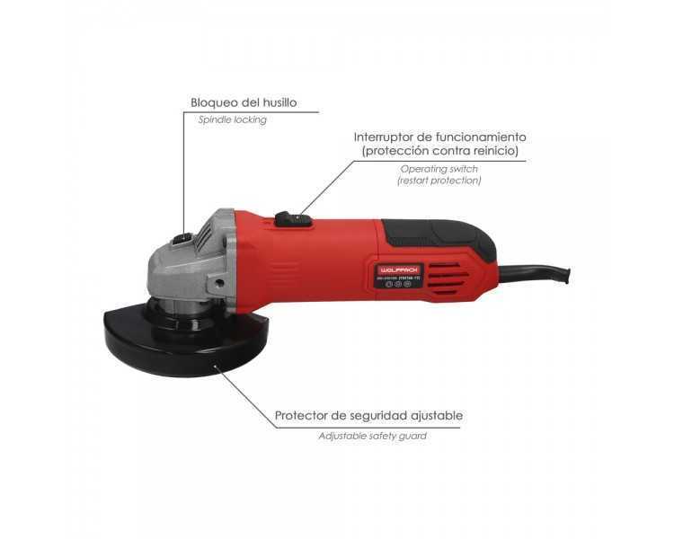 Amoladora Angular 710 Watt. Disco Ø 115 mm. 11.000 R.P.M. Mango 2 Posiciones Eje M14 Protector Disco Ajustable