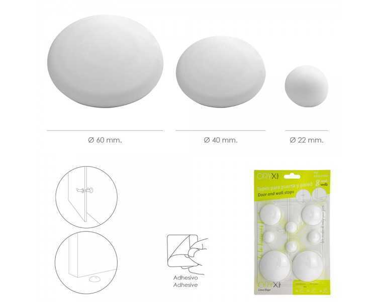 Topes Adhesivos para Paredes / Puertas / Ventanas / Mobiliario 2 x Ø 60 mm. / 2 x 40 mm. / 4 x 22 mm. (Blister 8 piezas)