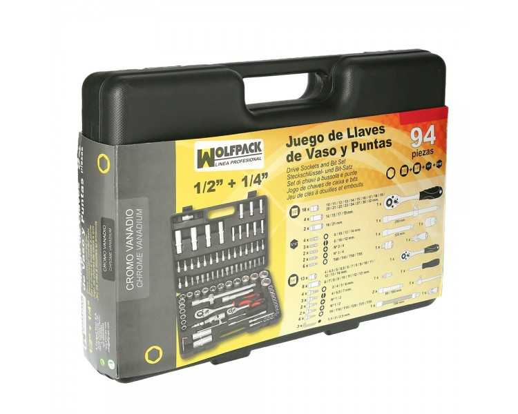 Juego Completo Llaves Vaso, kit 94 Piezas, 1/4"-1/2", Acero Vanadio, Con Maletin
