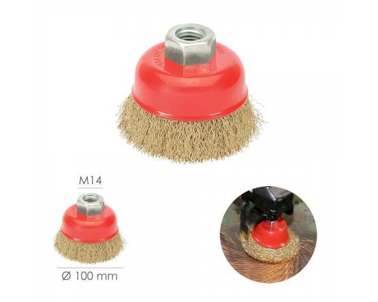 Cepillo Taza Con Alambre De Acero Latonado Rosca M14, Ø 100 mm. Alambre de Ø 0,30 mm.