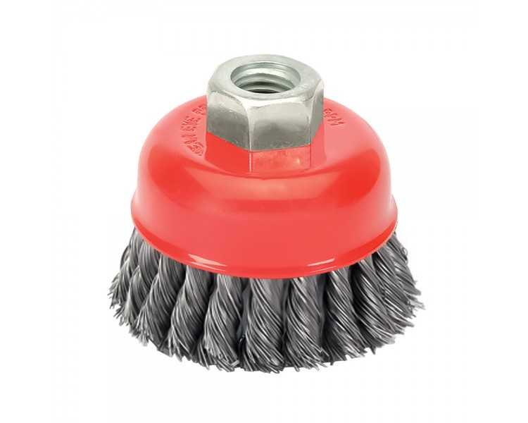Cepillo Taza Con Alambre De Acero Trenzado Rosca M14, Ø 100 mm. Alambre de Ø 0,50 mm.