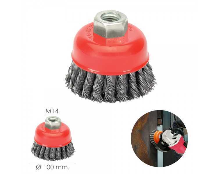 Cepillo Taza Con Alambre De Acero Trenzado Rosca M14, Ø 100 mm. Alambre de Ø 0,50 mm.