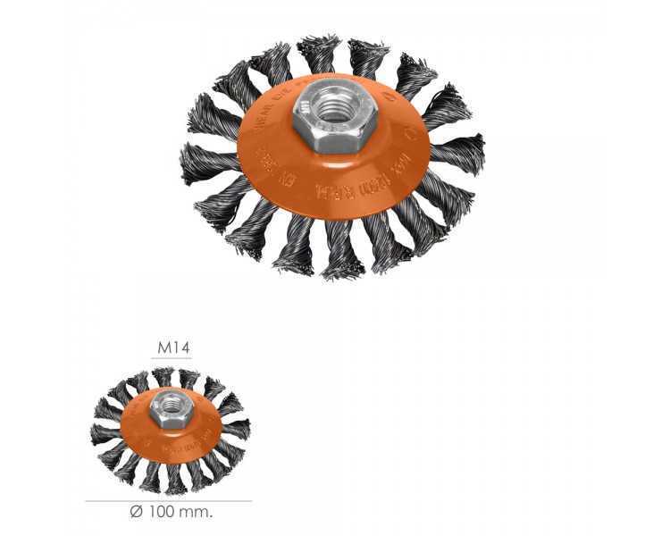 Cepillo Oblicuo Con Alambre De Acero Trenazdo Rosca M14, Ø 100 mm. Alambre de Ø 0,30 mm.