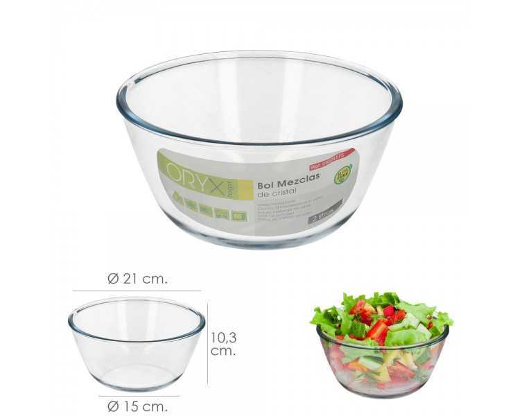 Bol De Cristal, Ideal Para Mezclas. 2.0 Litros. Libre BPA, Cristal De Borosilicato.Ensaladas, Postres, Cocina, Resposteria