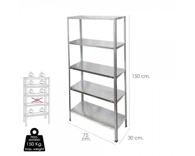 Estanteria Acero Galvanizado con 5 Baldas 150x75x30 cm. Baldas ajustables. Peso maximo 150 Kg.
