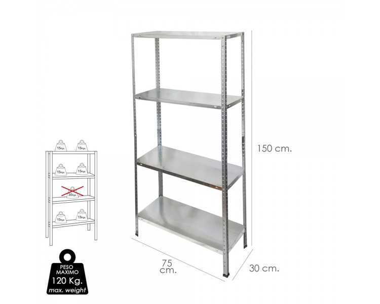 Estanteria Acero Galvanizado con 4 Baldas 150x75x30 cm. Baldas ajustables. Peso maximo 120 Kg.