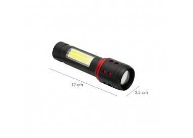 Linterna LED De Mano Metalica Bateria Recargable (1.200 mAh) Luz Frontal / Lateral Hasta 300 Lumenes 5 Watt. Con Función Zoom