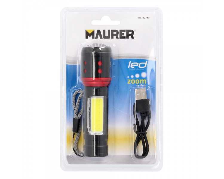 Linterna LED De Mano Metalica Bateria Recargable (1.200 mAh) Luz Frontal / Lateral Hasta 300 Lumenes 5 Watt. Con Función Zoom