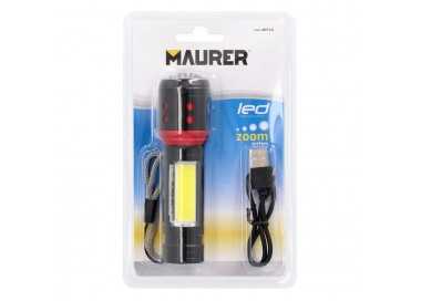 Linterna LED De Mano Metalica Bateria Recargable (1.200 mAh) Luz Frontal / Lateral Hasta 300 Lumenes 5 Watt. Con Función Zoom