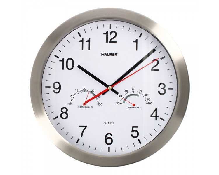 Reloj De Pared Ø 30 cm. Con Higrometro y Termometro. Frontal En Acero