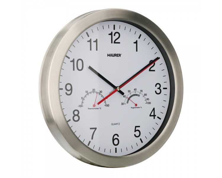 Reloj De Pared Ø 30 cm. Con Higrometro y Termometro. Frontal En Acero