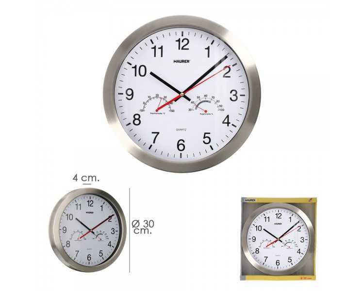 Reloj De Pared Ø 30 cm. Con Higrometro y Termometro. Frontal En Acero
