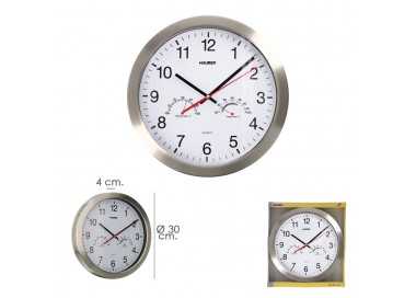 Reloj De Pared Ø 30 cm. Con Higrometro y Termometro. Frontal En Acero