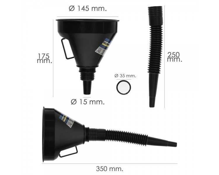 Embudo Boca Ancha Ø 145 mm.Con Prolongador Flexible y Filtro Metalico. Embudo gasoil, embudo gasolina, embudo combustible