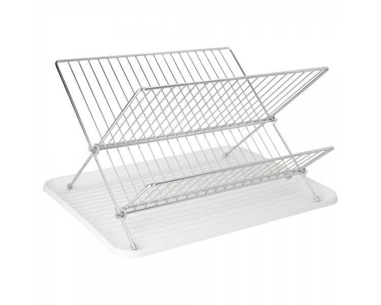 Escurreplatos Plegable Con Rejilla De Acero Cromado Y Bandeja De Secado, 2 Niveles