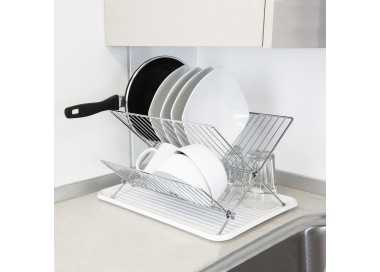 Escurreplatos Plegable Con Rejilla De Acero Cromado Y Bandeja De Secado, 2 Niveles