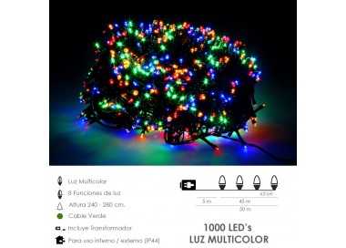 Guirnalda Luces Navidad 1000 Leds Multicolor. Luz Navidad Interiores y Exteriores Ip44